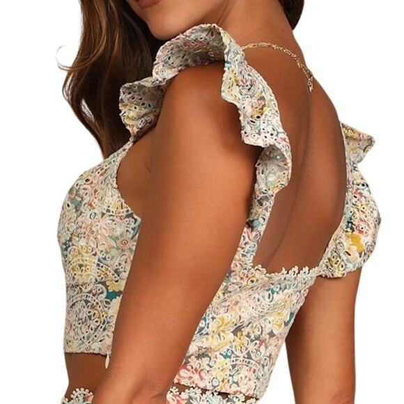 Lulus Sweeter Than Ever Floral Eyelet Ruffle Sleeve Crop Top Size XL - Picture 10 of 13